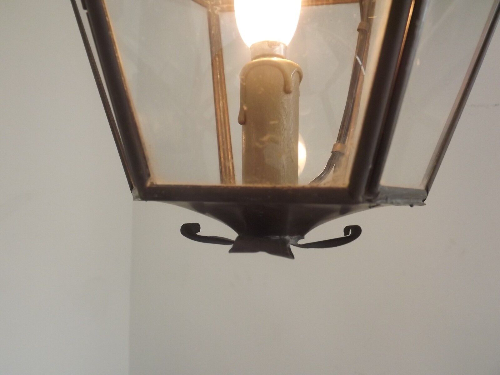 Hexagonal shaped copper and glass hanging lantern