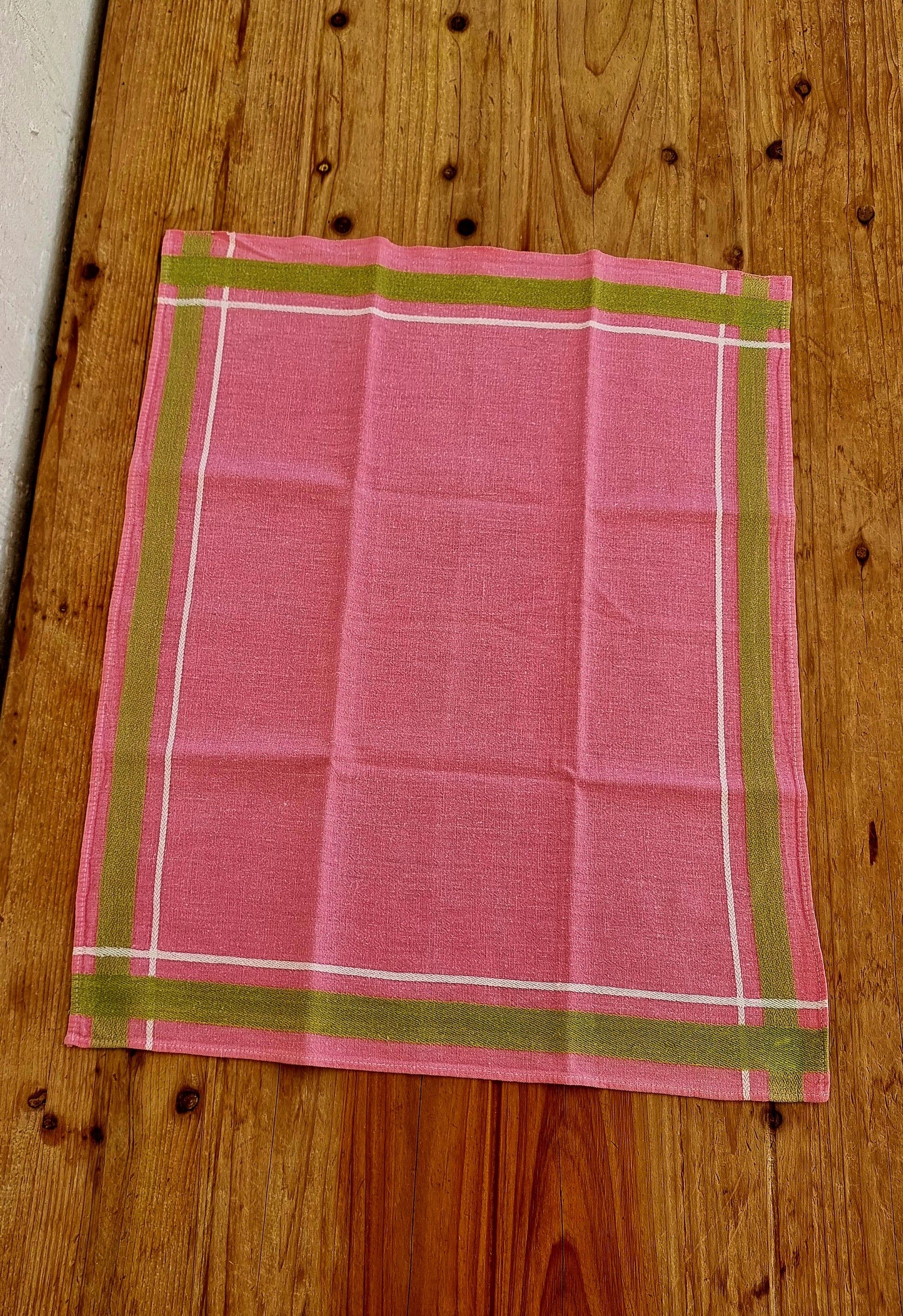 Set of 5 vintage cotton table napkins in pink and green.
