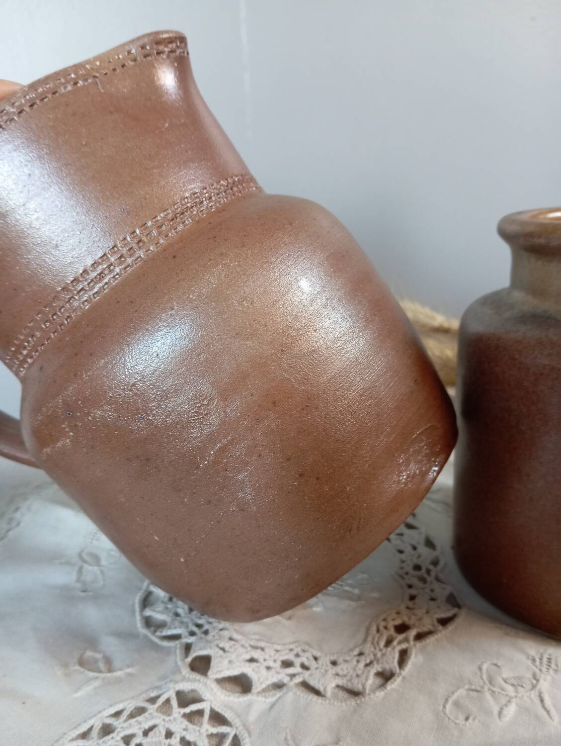 Duo of stoneware ceramic, pitcher and pot, vintage