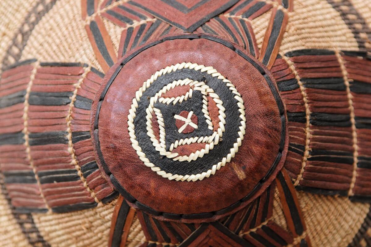 Lot of 3 straw and leather hats, Fulani people, Mali