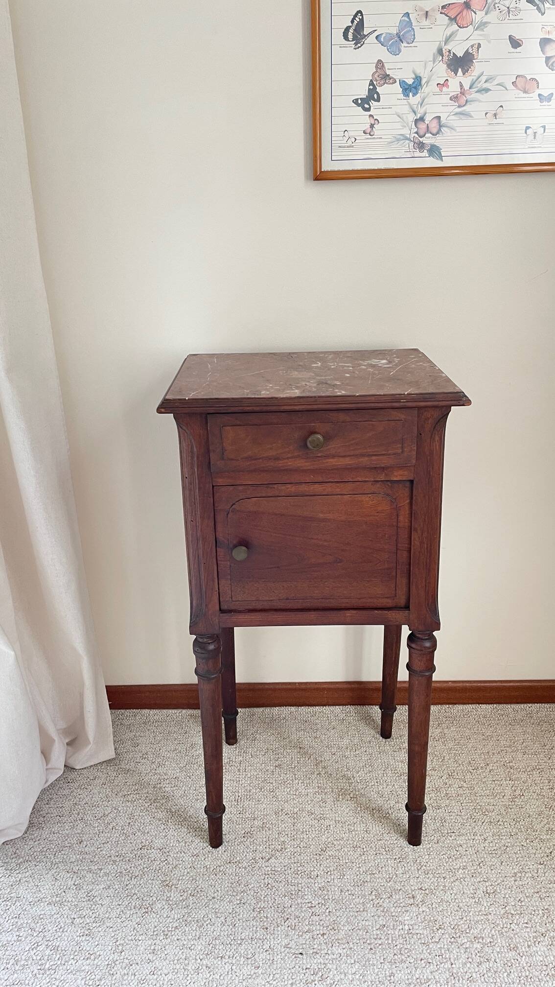 Antique bedside table in wood and marble