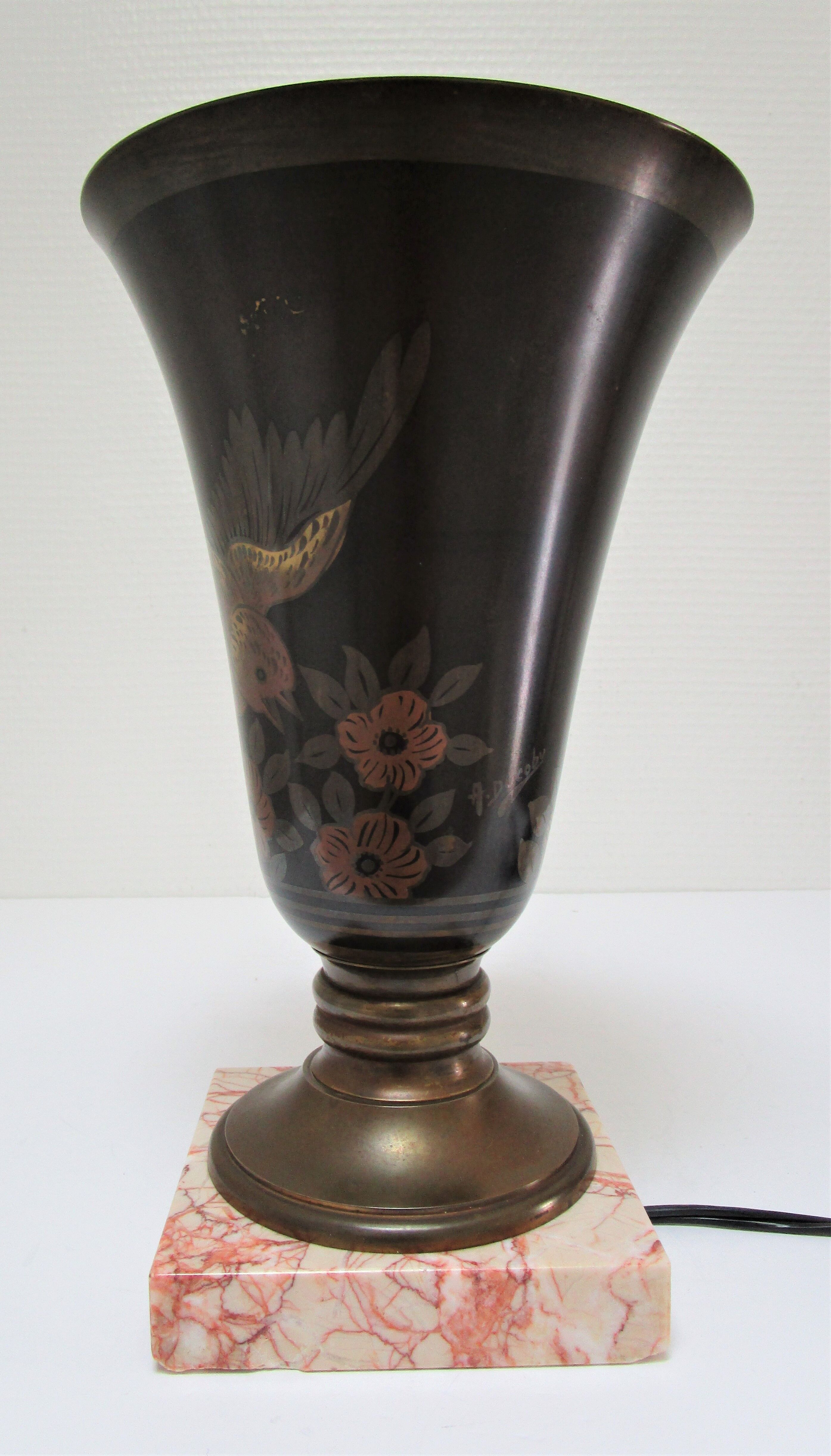 Lampe vasque art déco métal et marbre signée a.ducobu décor fleurs oiseau