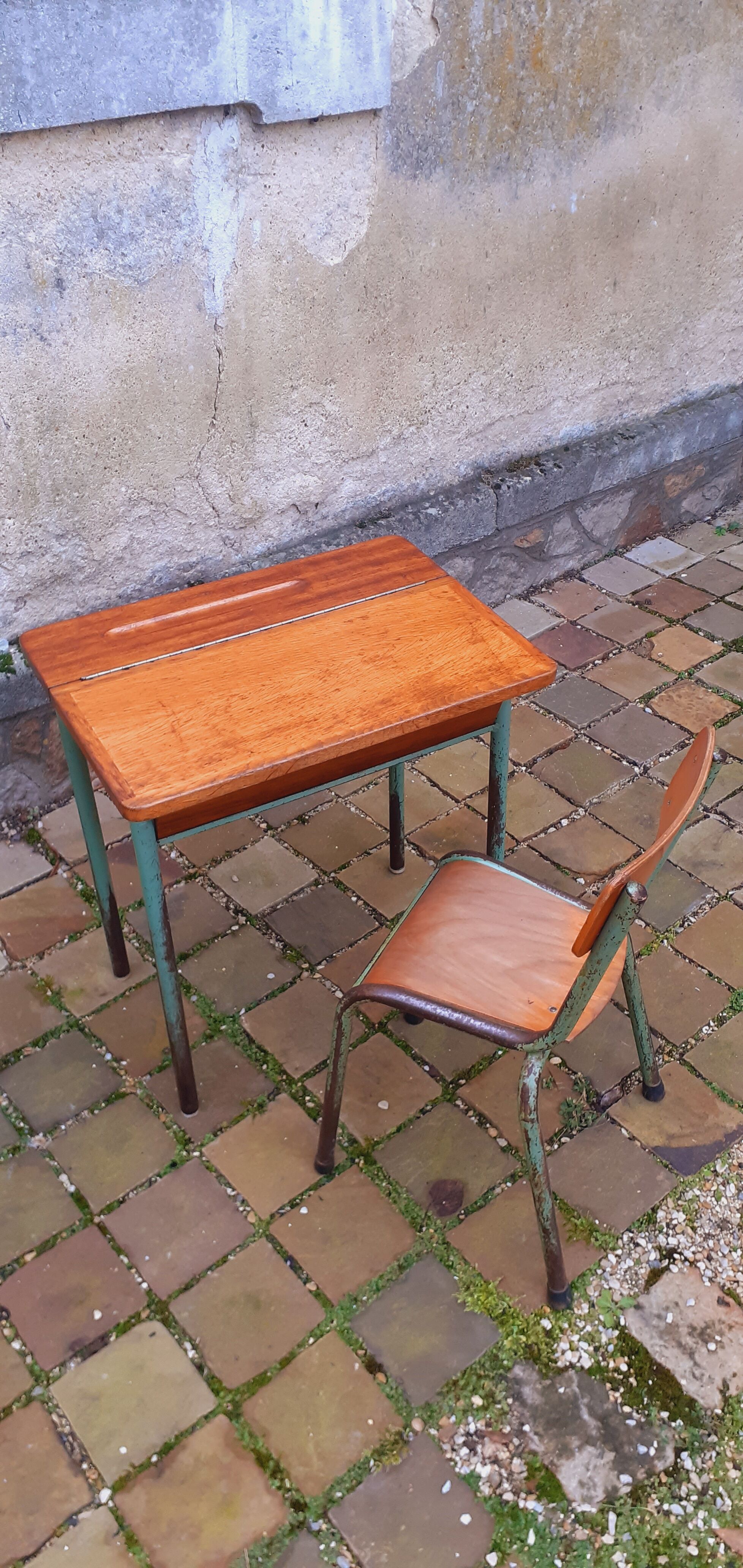 Vintage teak and solid oak schoolwork and its 50 year chair