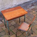 Vintage teak and solid oak schoolwork and its 50 year chair