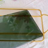 Serving tray in brass and Italian green smoked glass 50s