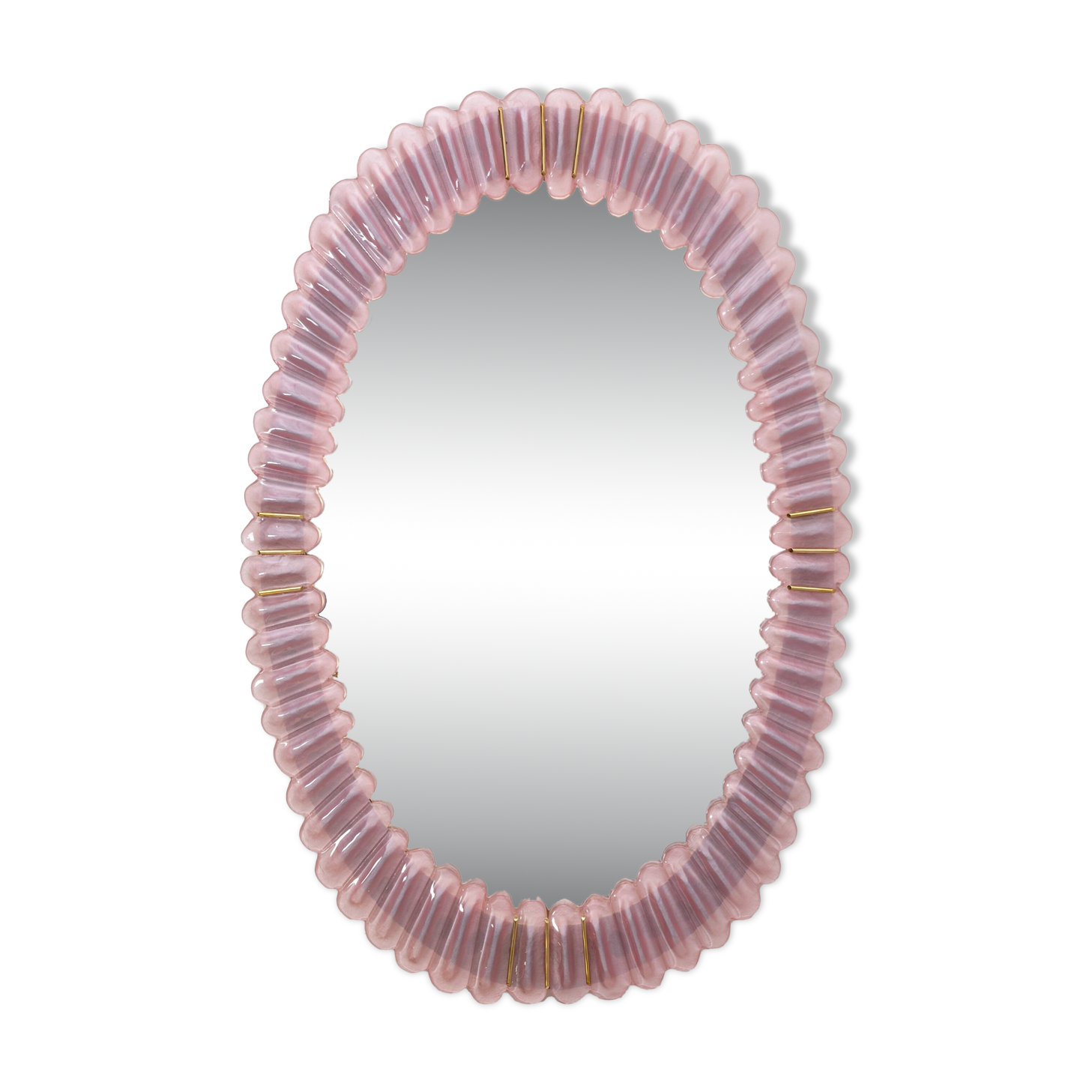 Italian oval mirror in brass and pink blown Murano glass