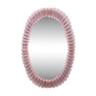Italian oval mirror in brass and pink blown Murano glass