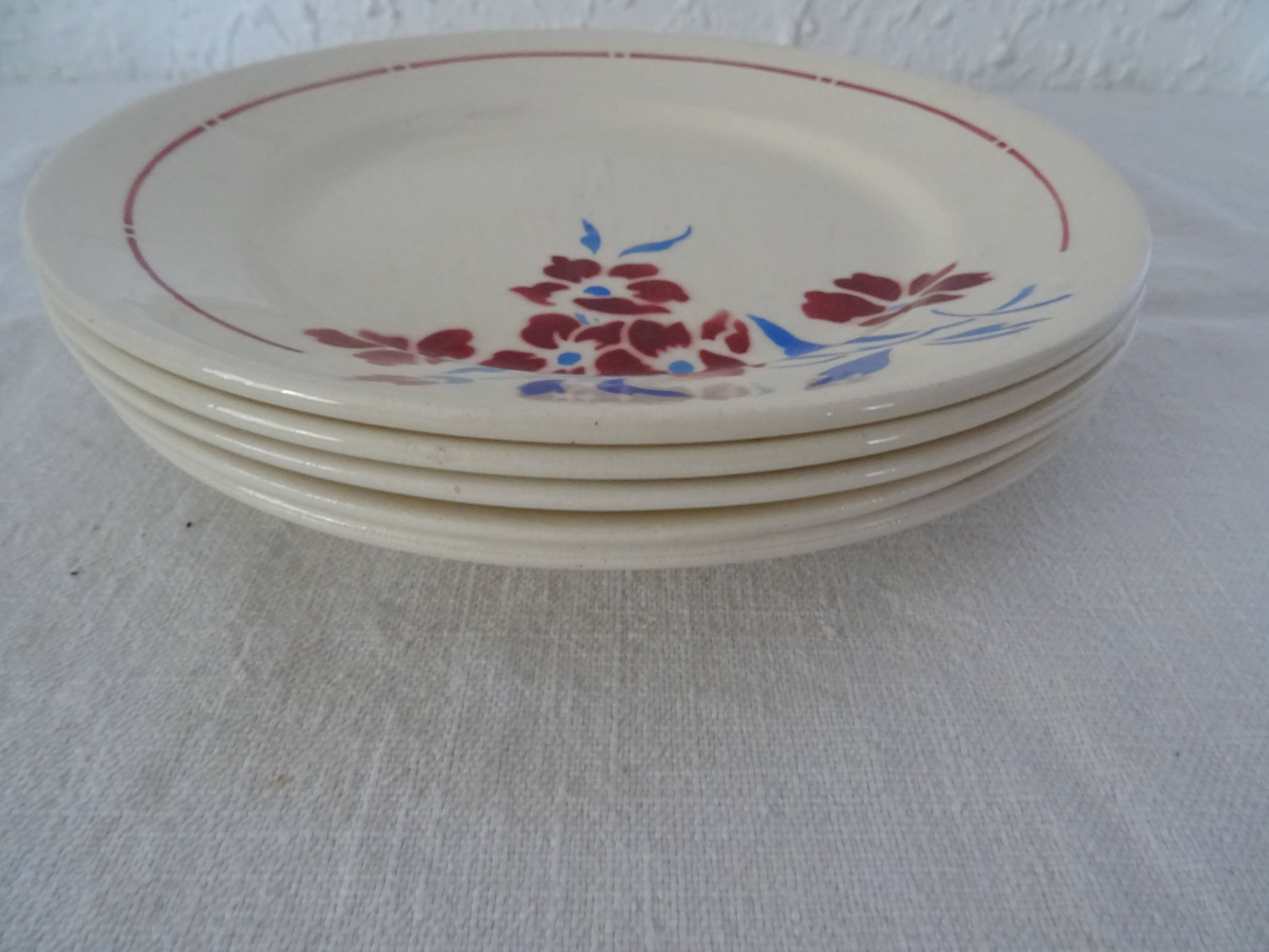 5 plates old faience Badonviller decoration flowers blue-red