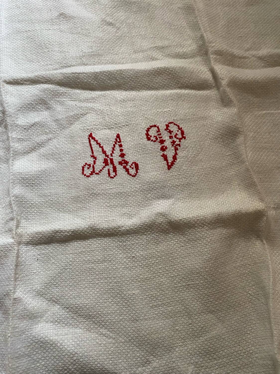Pair of large cotton and hemp tea towels from the 1930s.