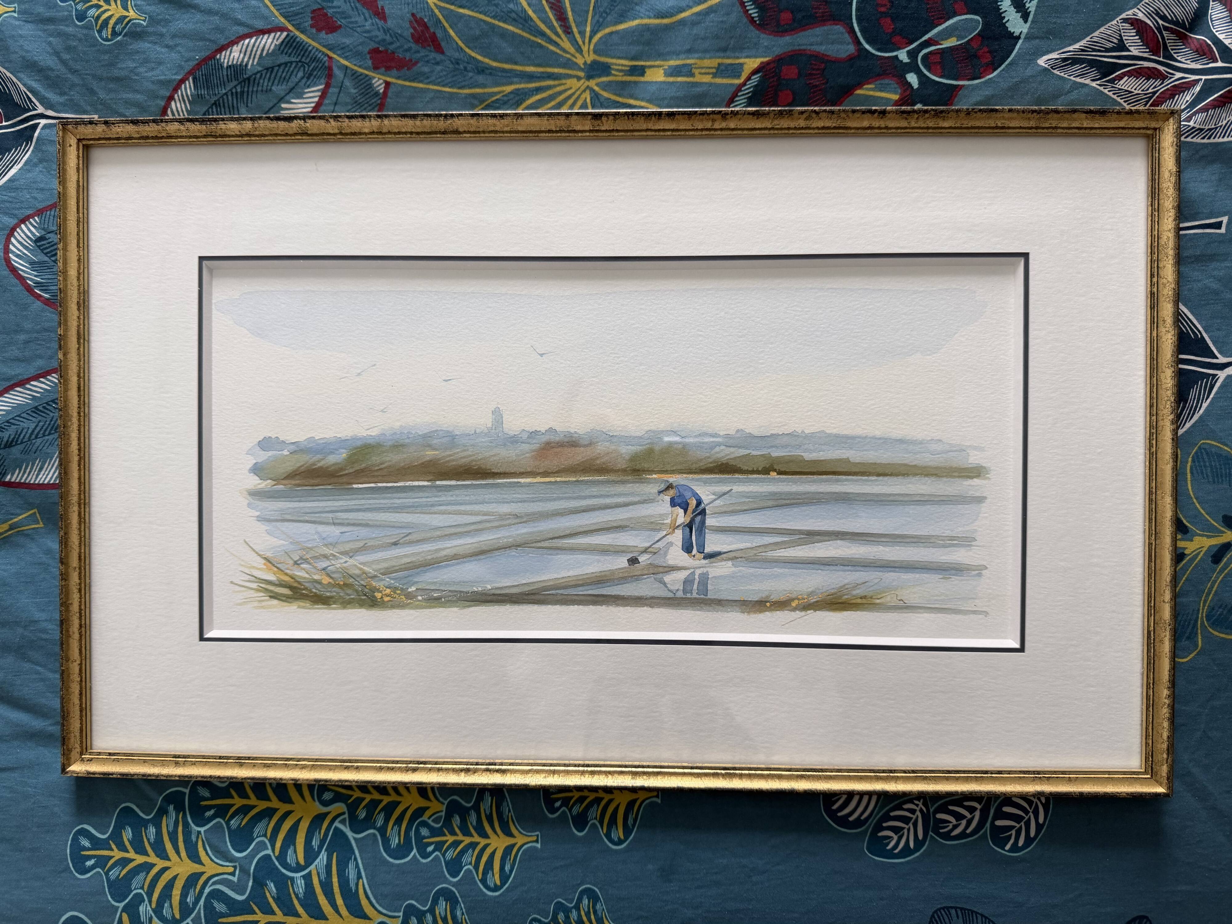Watercolour by Christian Gaudin framed, certificate Guérande salt marshes.