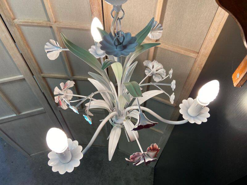 Antique florentine ceiling chandelier floral bouquet design 1970 decorative art sheet metal