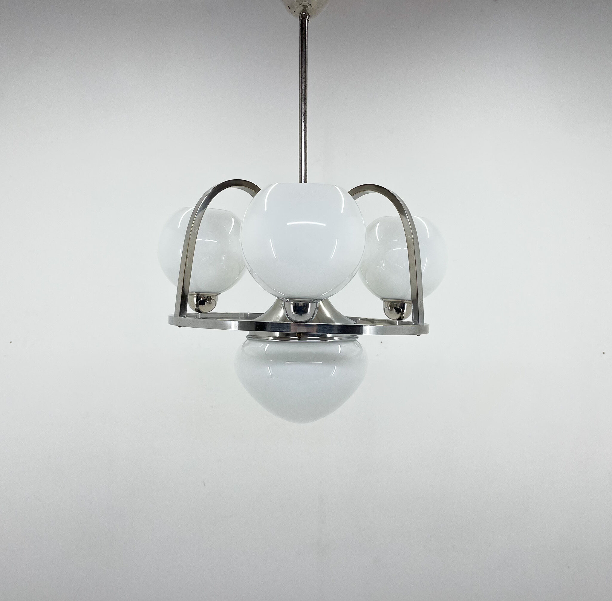 Art Deco Chrom & Milk Glass Chandelier, Restored, 1930's