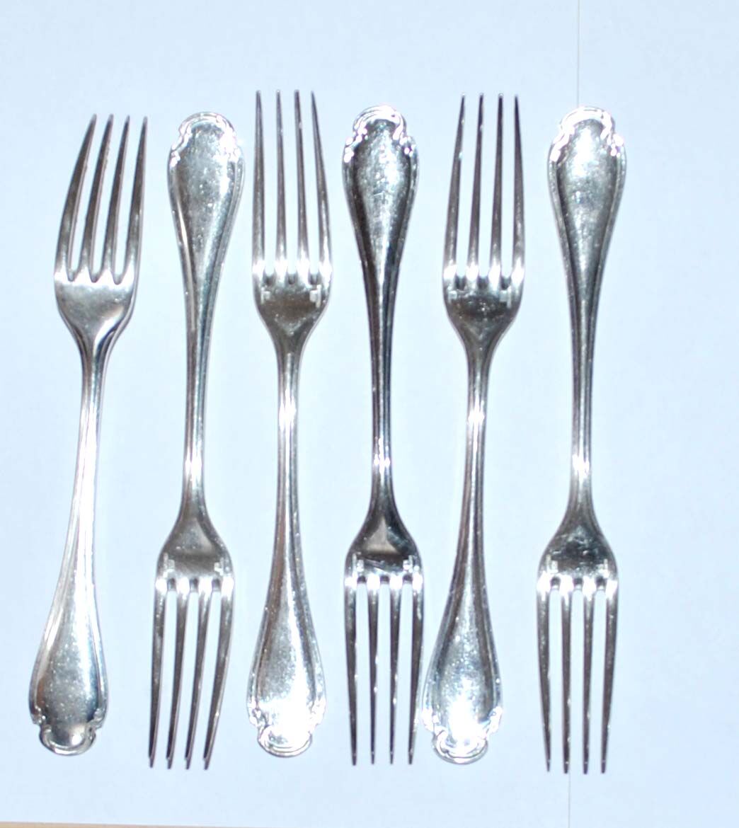 Christofle, series of 6 silver metal table forks - vintage pompadour model 20.5cm