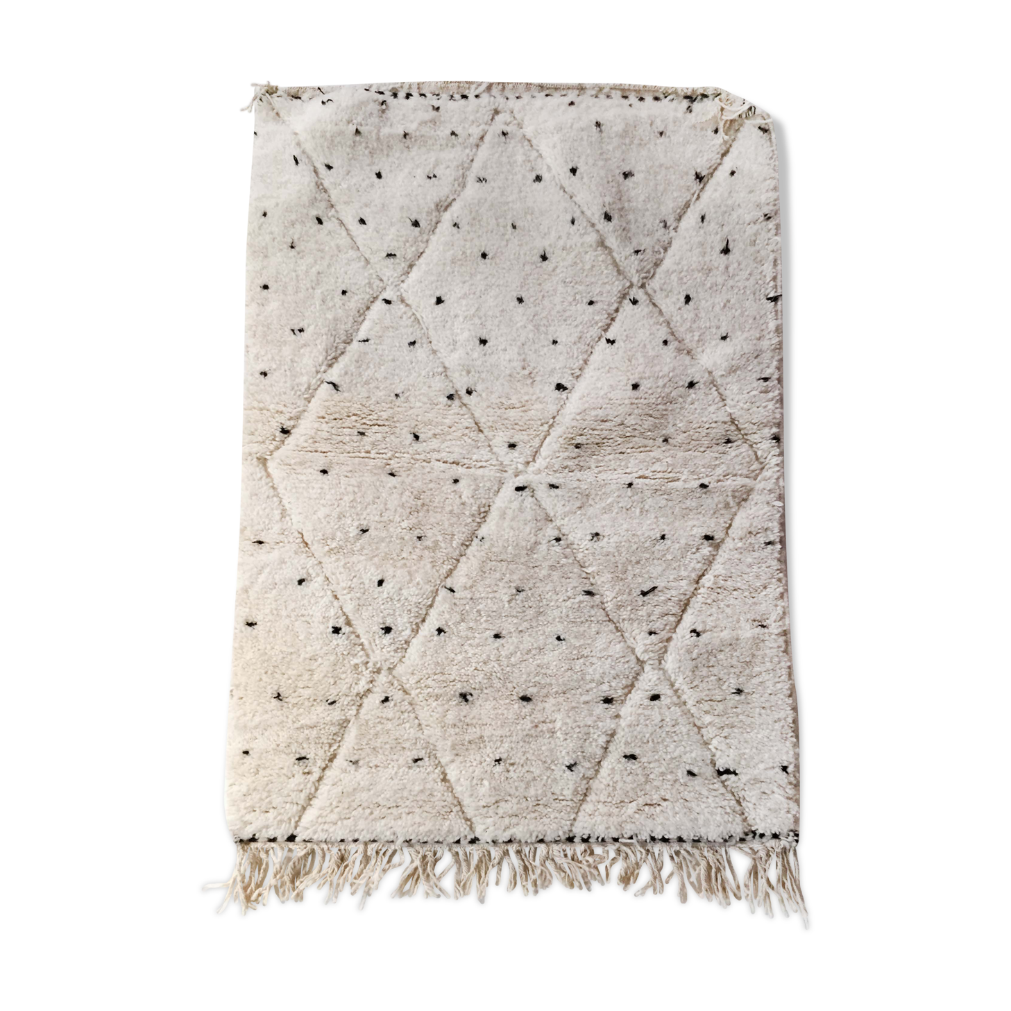 Moroccan berber carpet blessed ouarain ecru with black polka dots and diamonds engraved 150x102cm