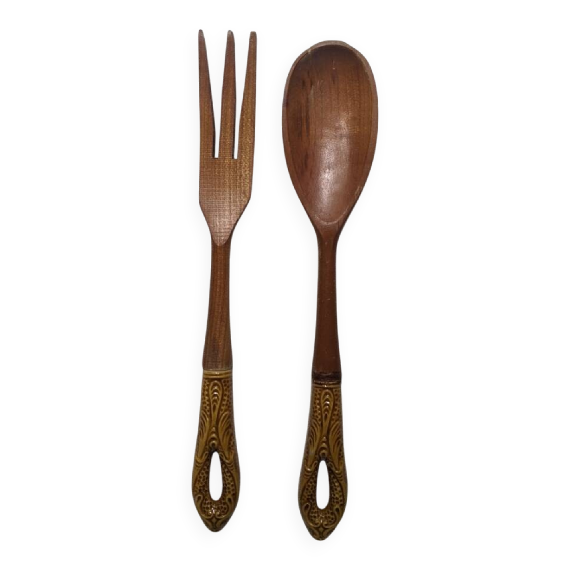 Antique wooden salad servers with earthenware handles, handcrafted