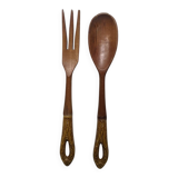 Antique wooden salad servers with earthenware handles, handcrafted
