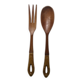 Antique wooden salad servers with earthenware handles, handcrafted