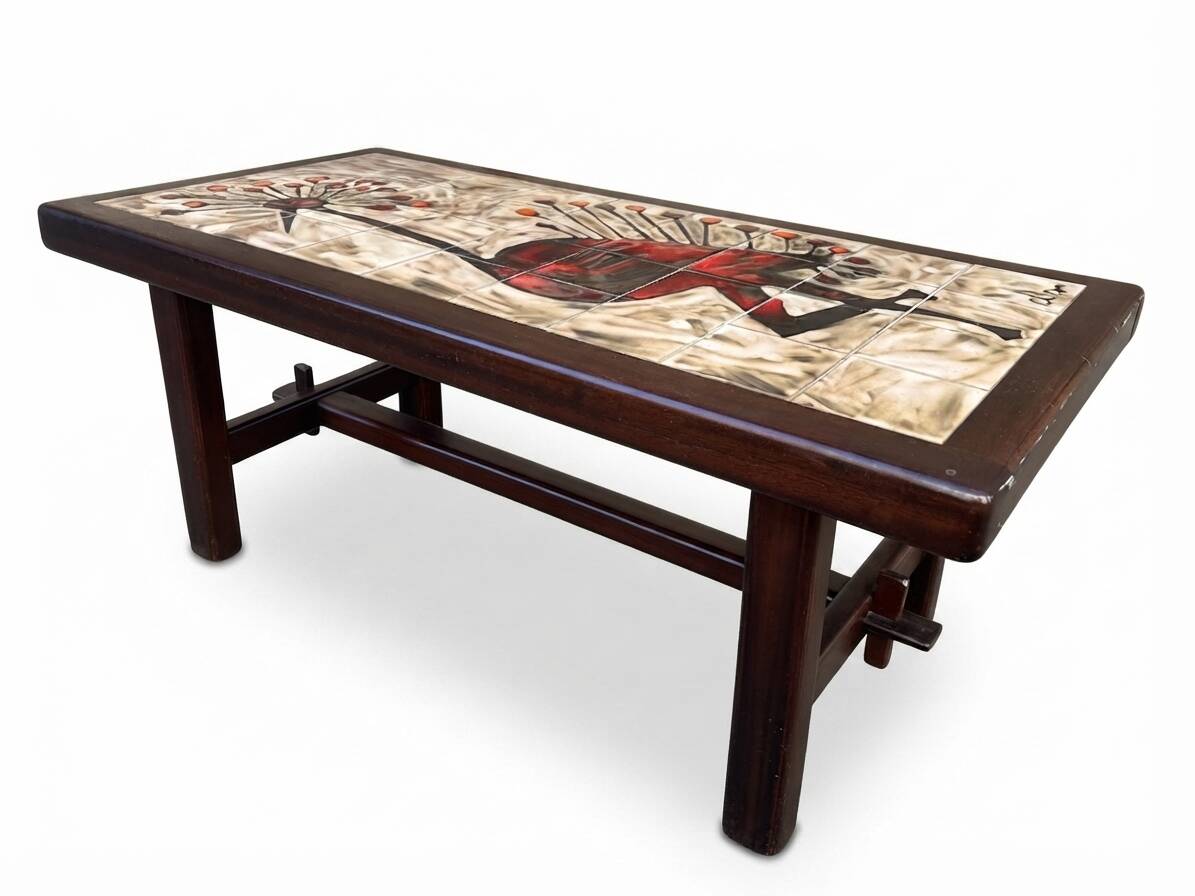 Table basse rectangulaire en bois céramique 1960s Vallauris DAN