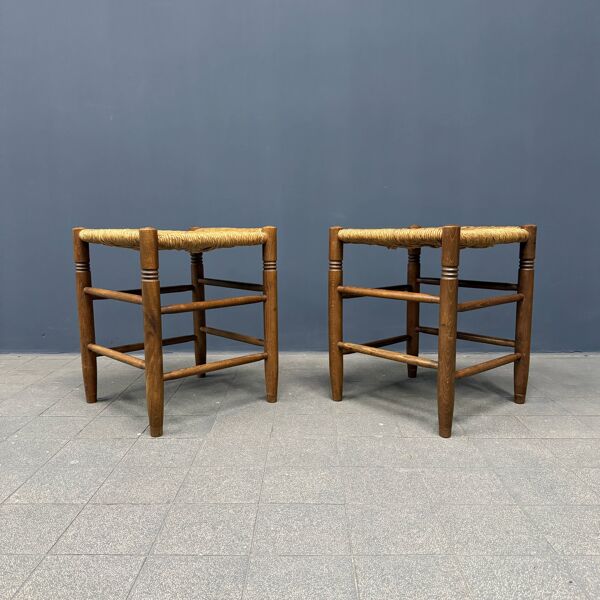 Ensemble de tabourets hollandais en bois de hêtre avec assise en paille