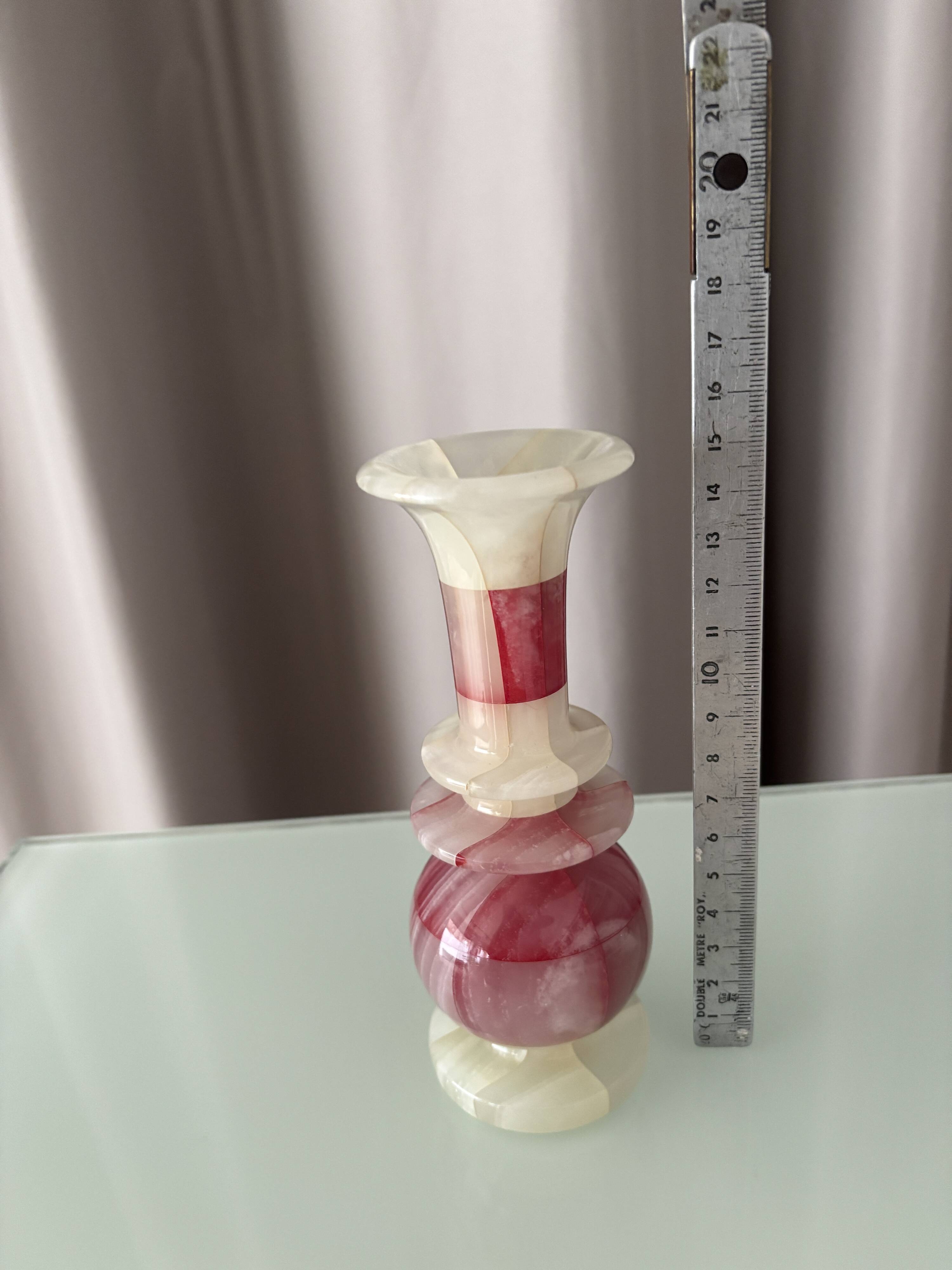 Vintage Patchwork Onyx Vase – Pink & White Stone, Handcrafted (ca. 1970s)
