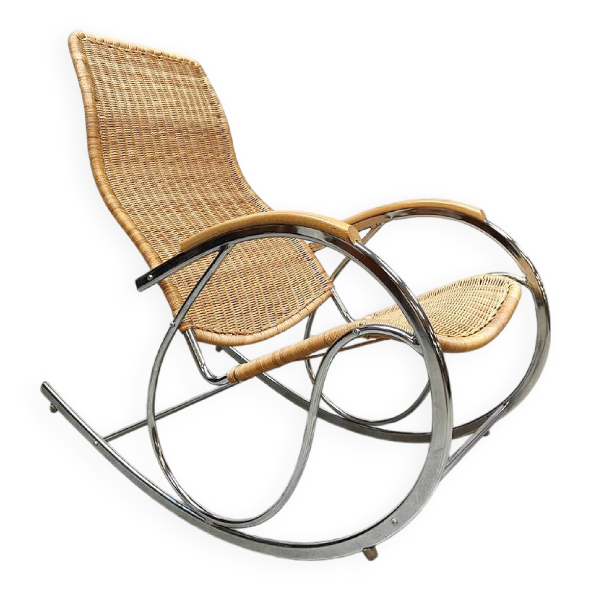 Vintage chrome and wicker rocking chair 1970s