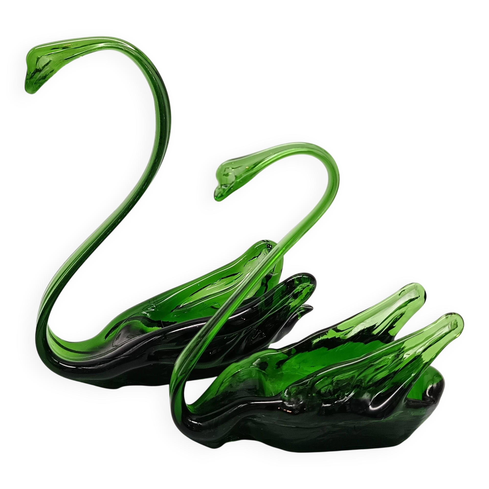 2 vintage glass SWANS, handcrafted, bottle green, early 20th century