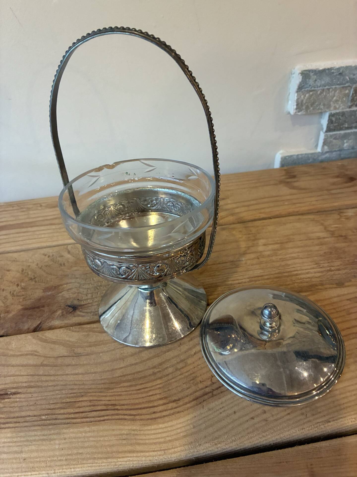 Antique sugar bowl / footed server – Engraved glass & metal mount