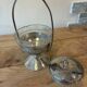 Antique sugar bowl / footed server – Engraved glass & metal mount
