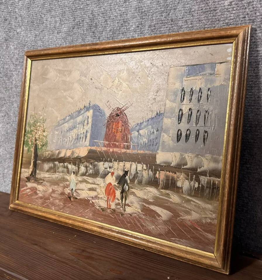 Oil painting on panel representing the Moulin Rouge in PARIS