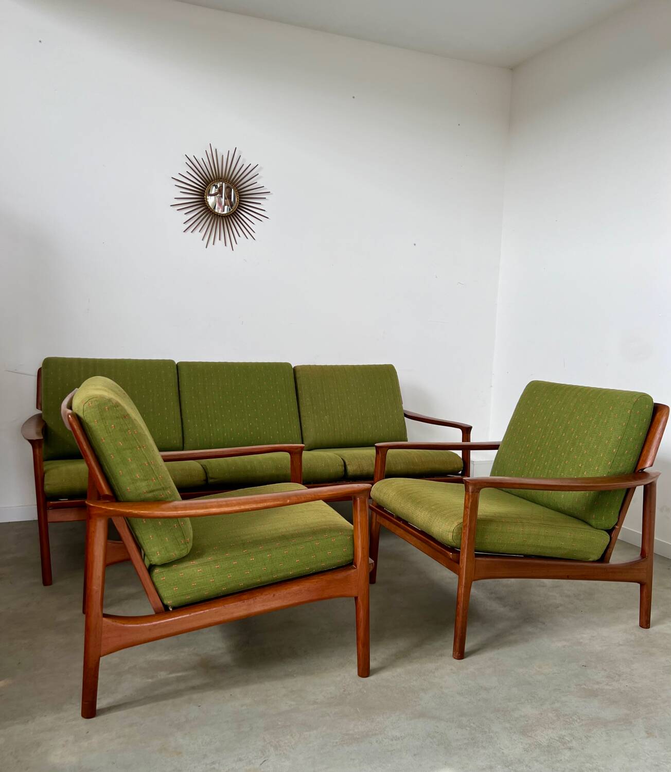 Living room set sofa armchair coffee table Scandinavian design 60s Swedish vintage teak