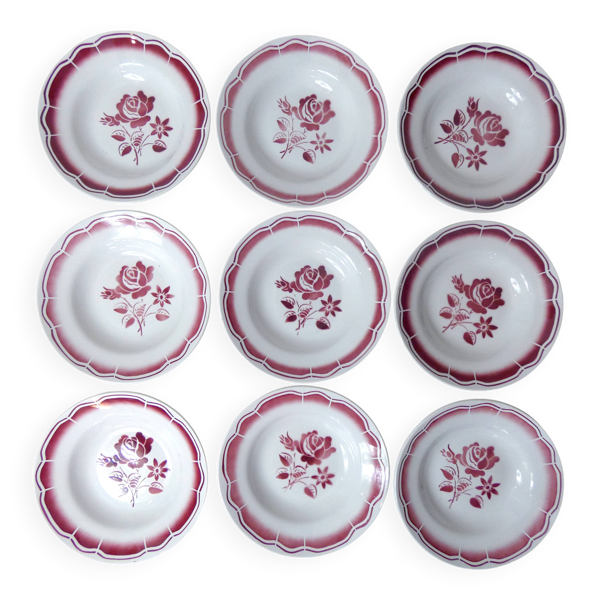 9 assiettes creuses FB Digoin rose