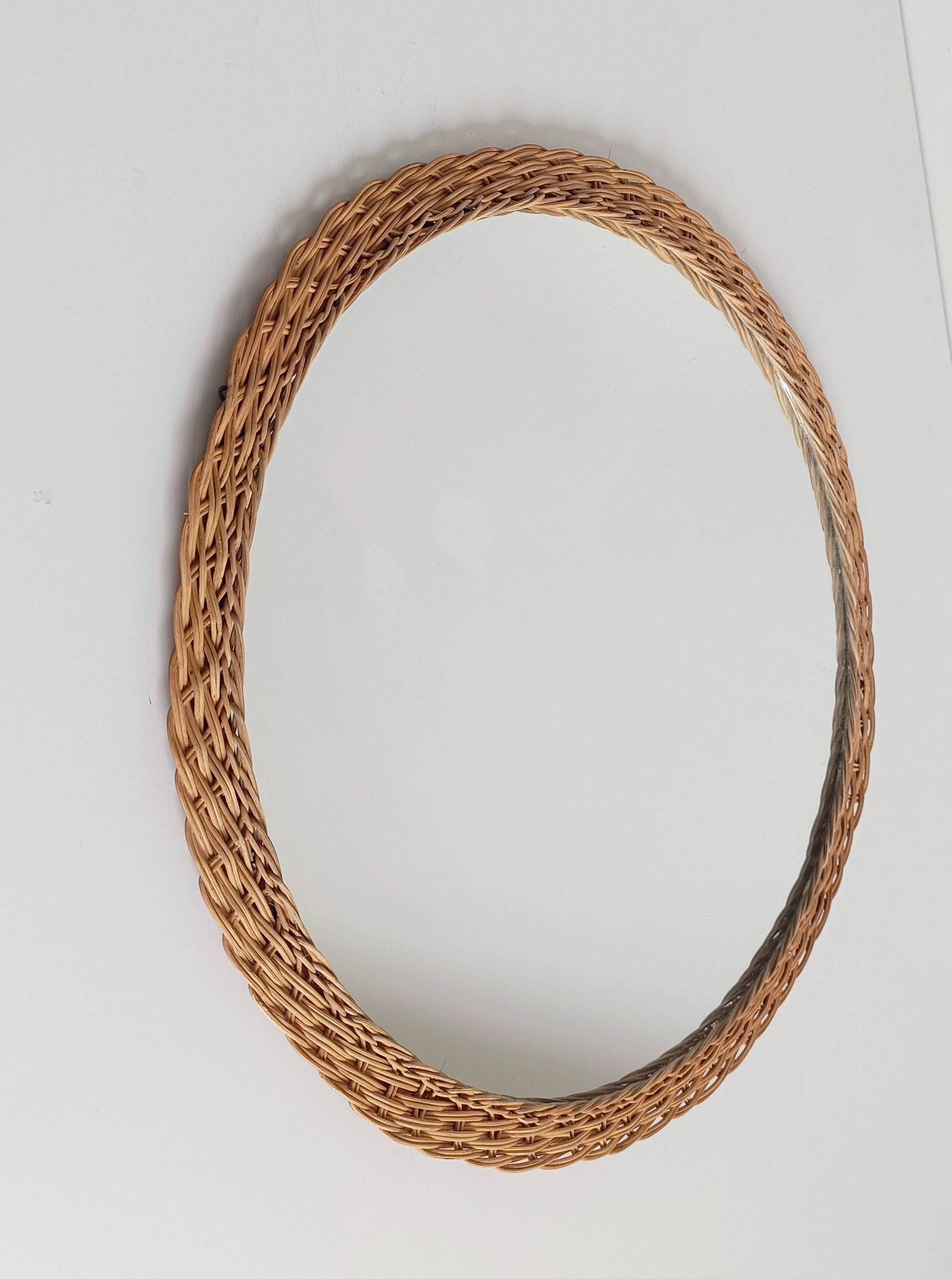 Rustic French Provence Wicker Round Mirror, Mid-Century, Handmade, France