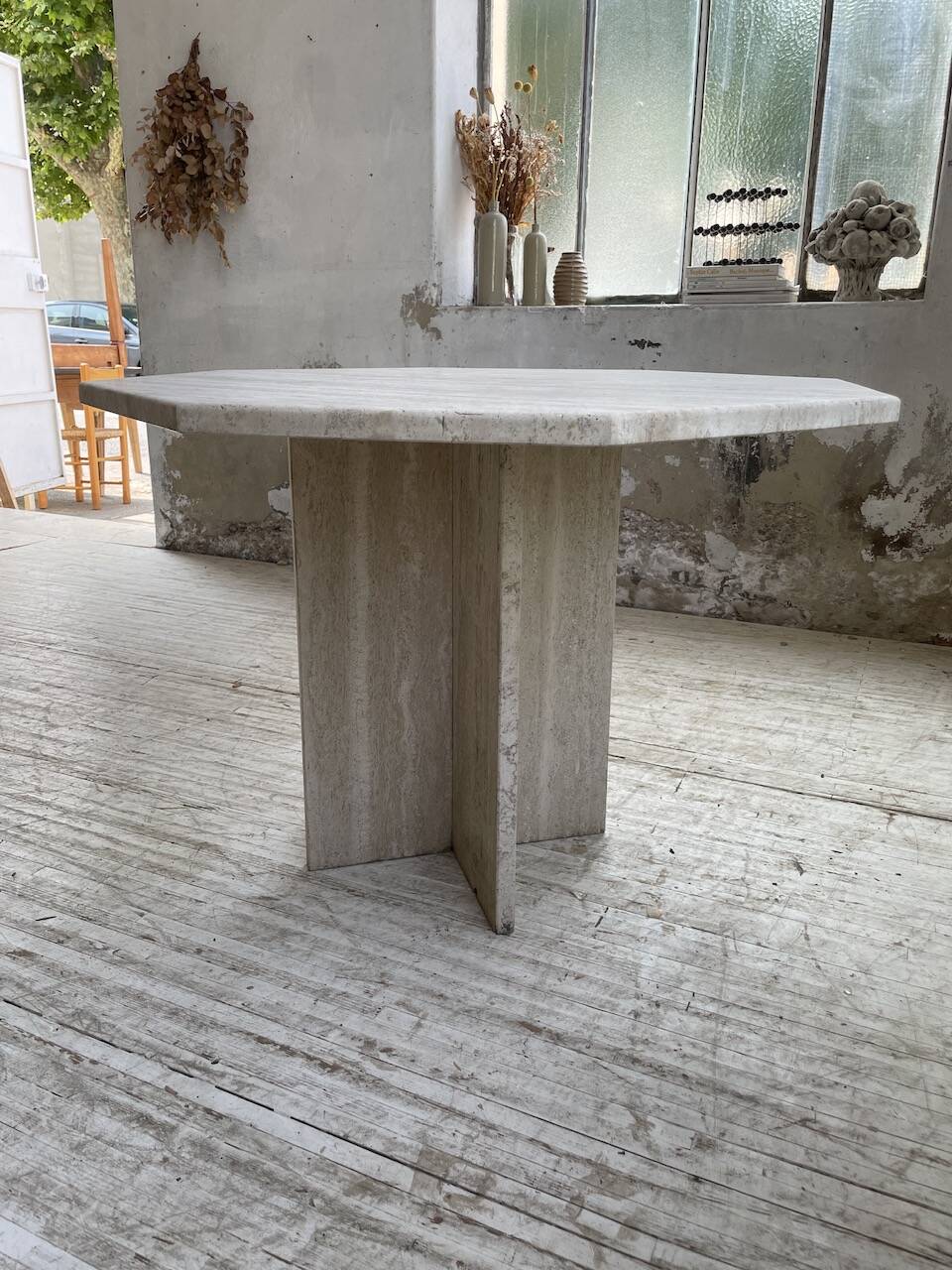 Octagonal travertine coffee table