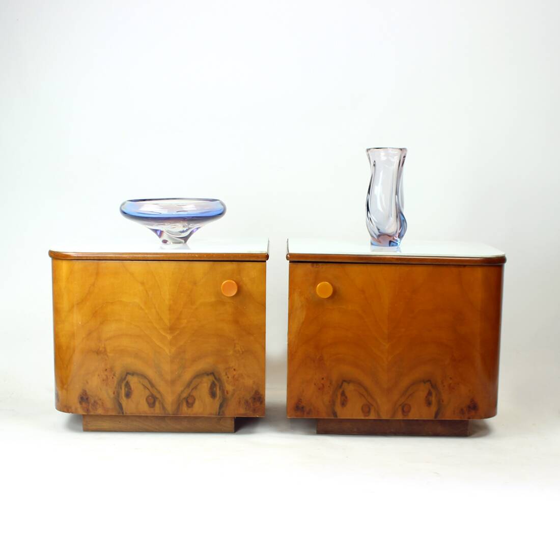 Classical Bedside Tables In Walnut And White Glass, Czechoslovakia 1960s