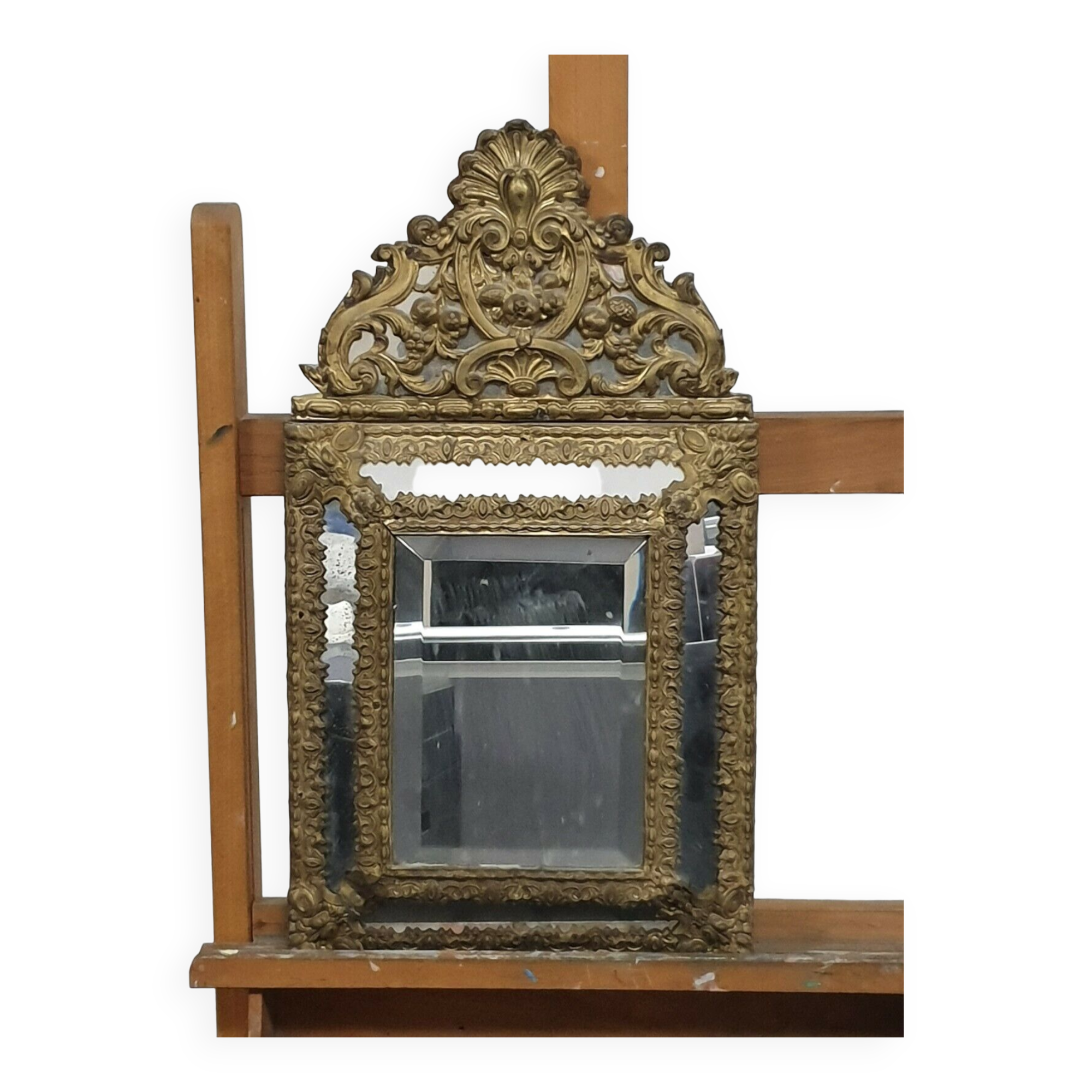 Old bevel mirror with metal parcloses pushed back Louis XIV style