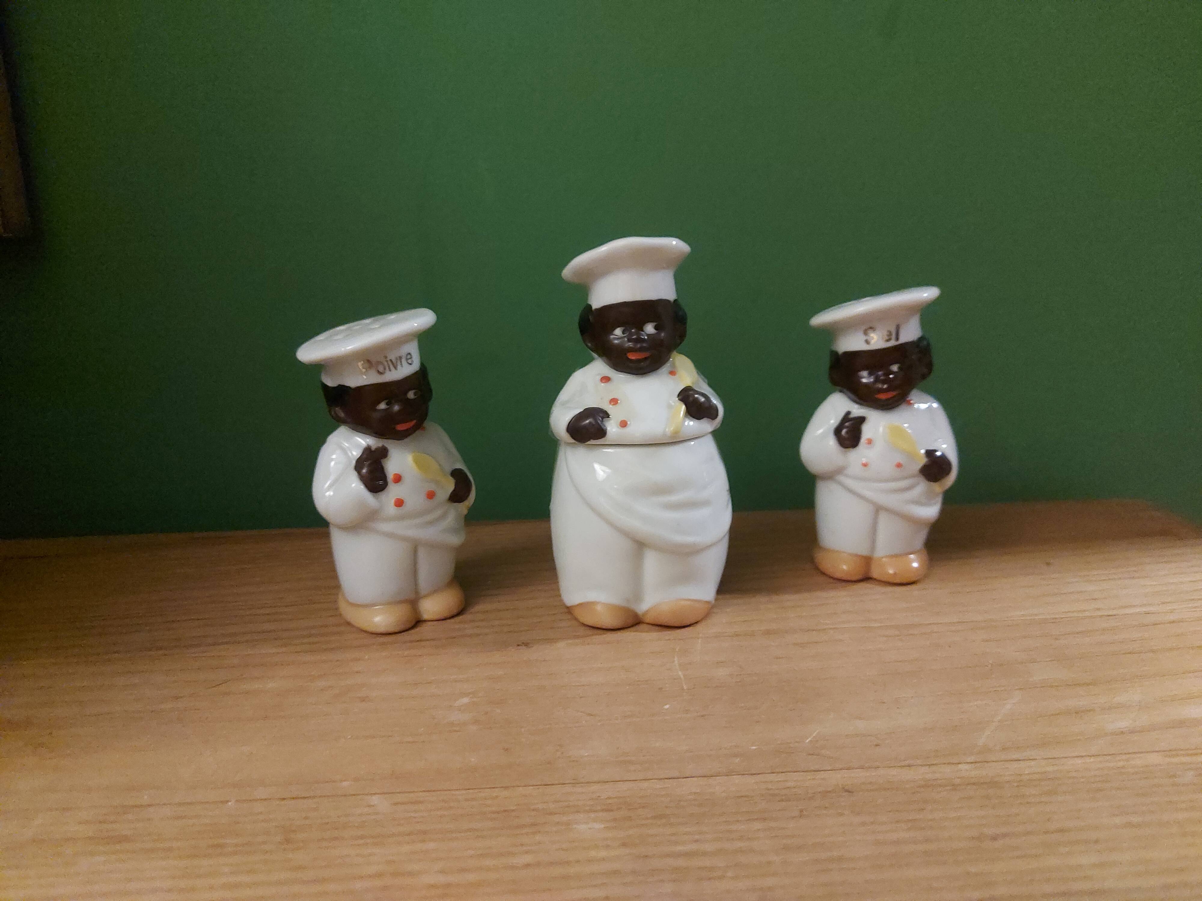 Vintage salt shaker, pepper and mustard set