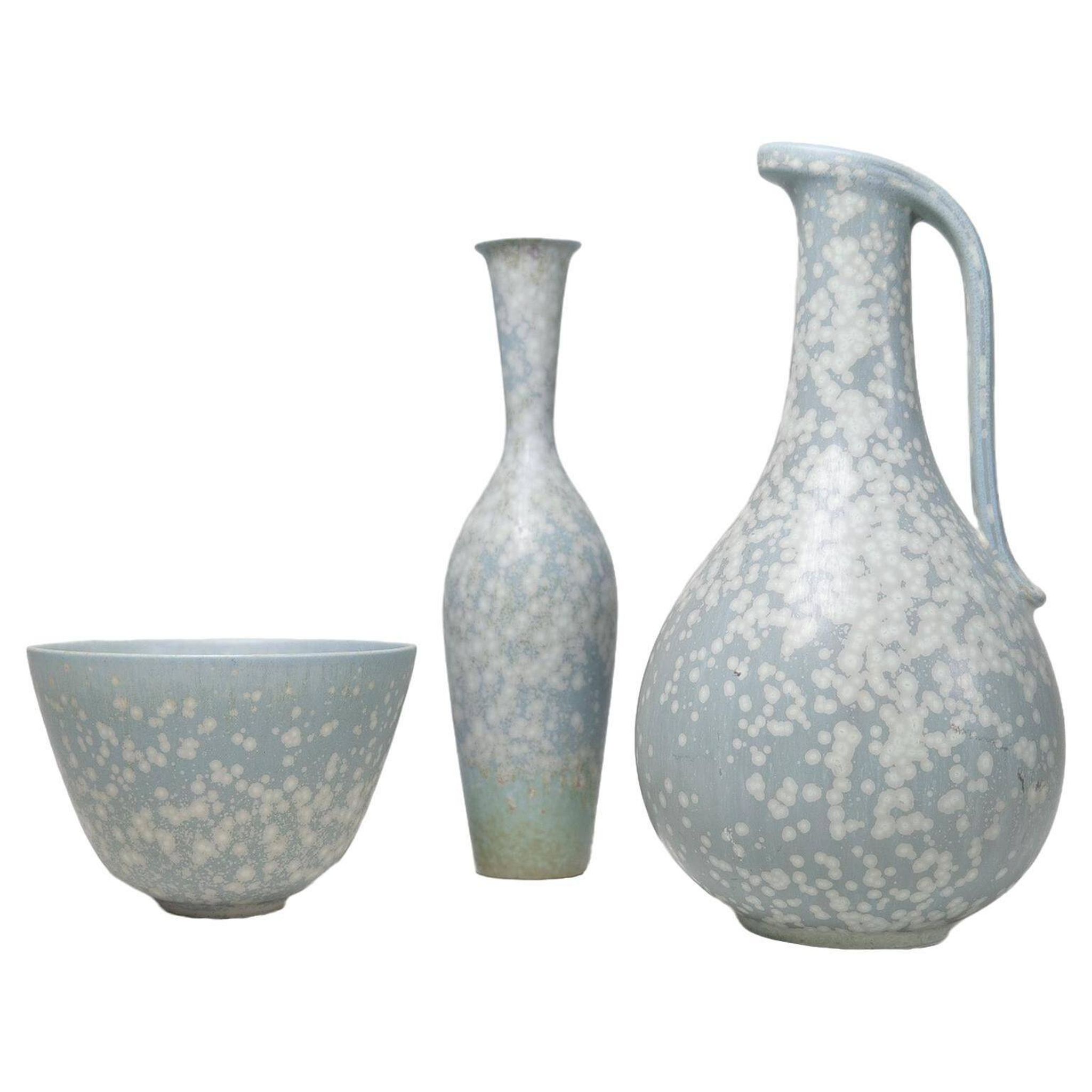 Mid-century modern three-piece ceramic set by Rörstrand, Gunnar Nylund, Sweden, 1950s.