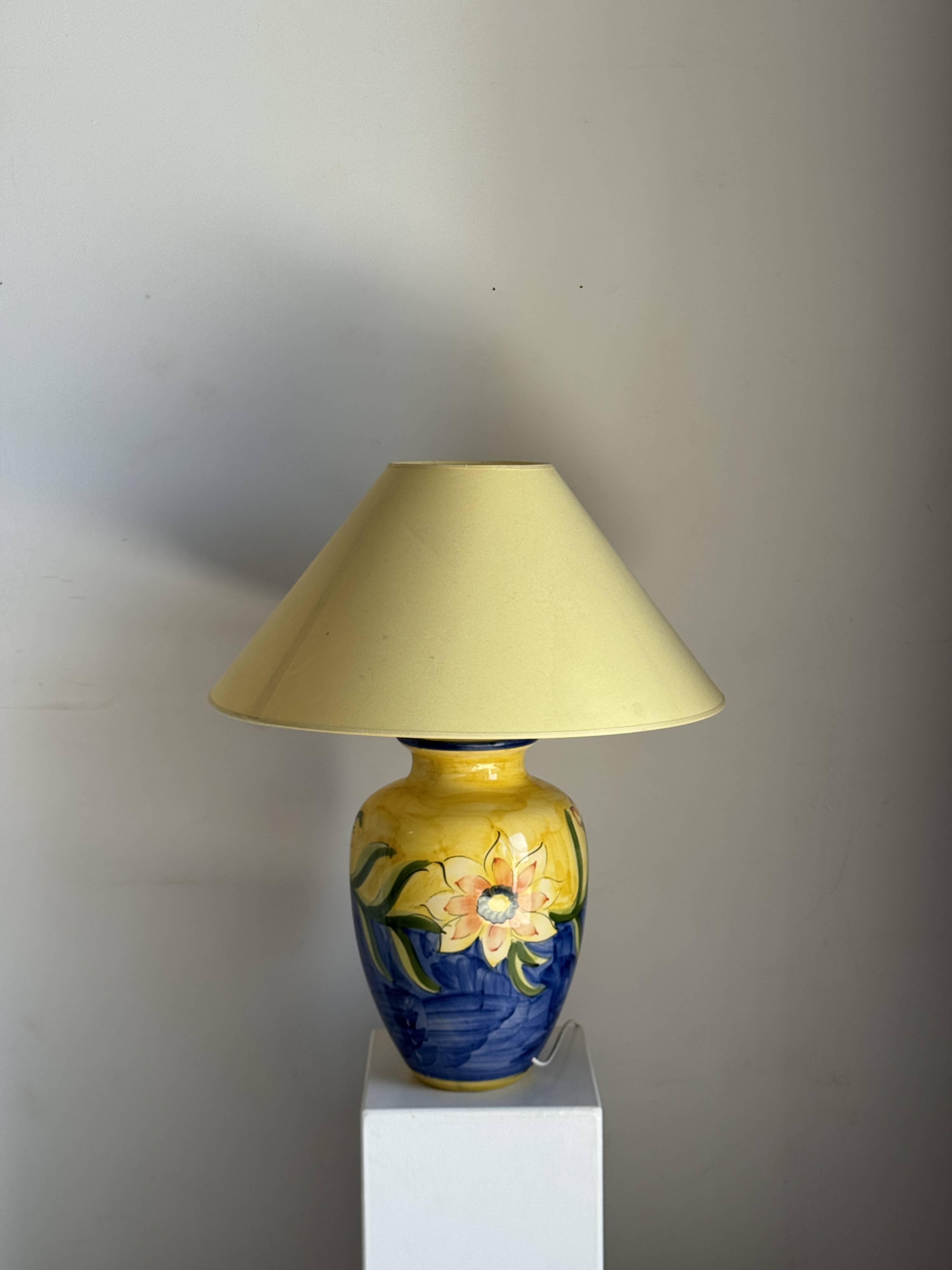 Large blue and yellow lamp with floral patterns H60