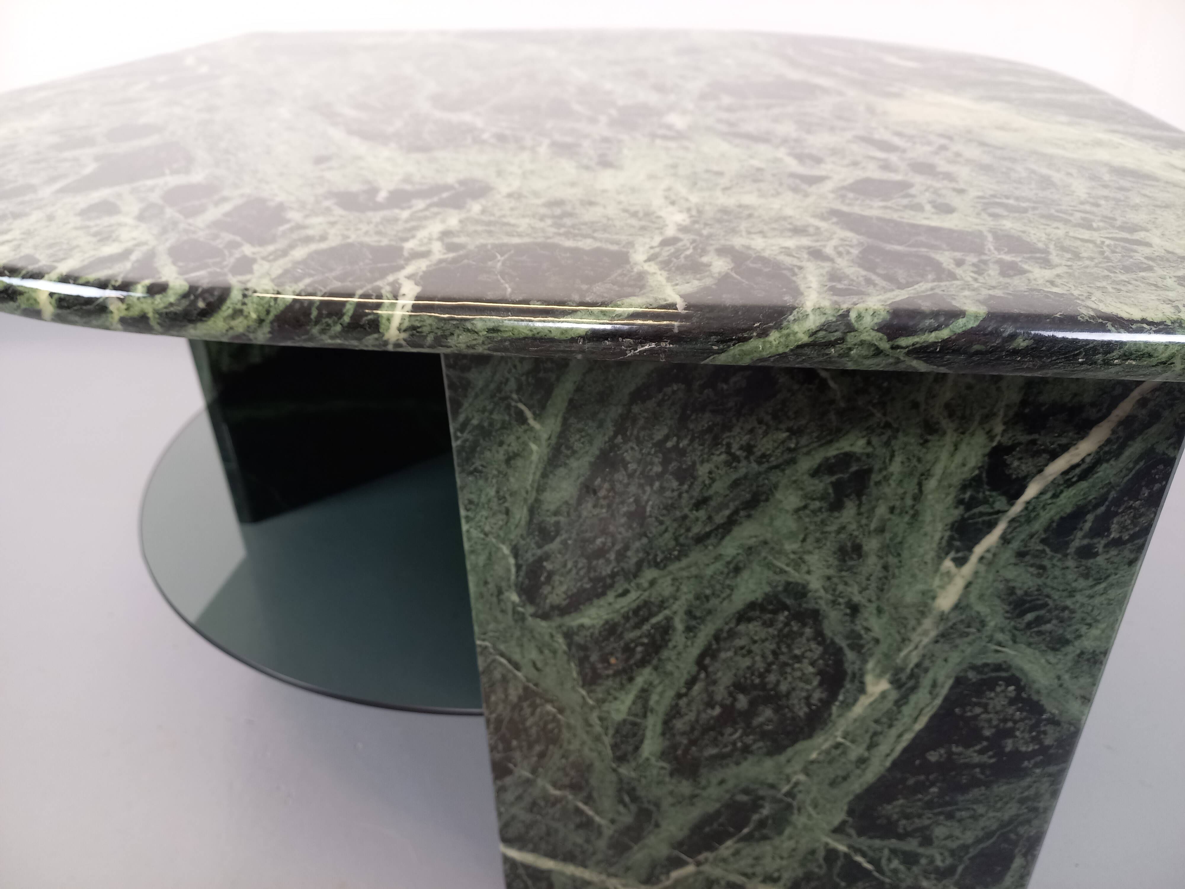 Vintage square coffee table with 2 green marble and smoked glass tops