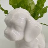 Cache pot chien en porcelaine blanc vintage