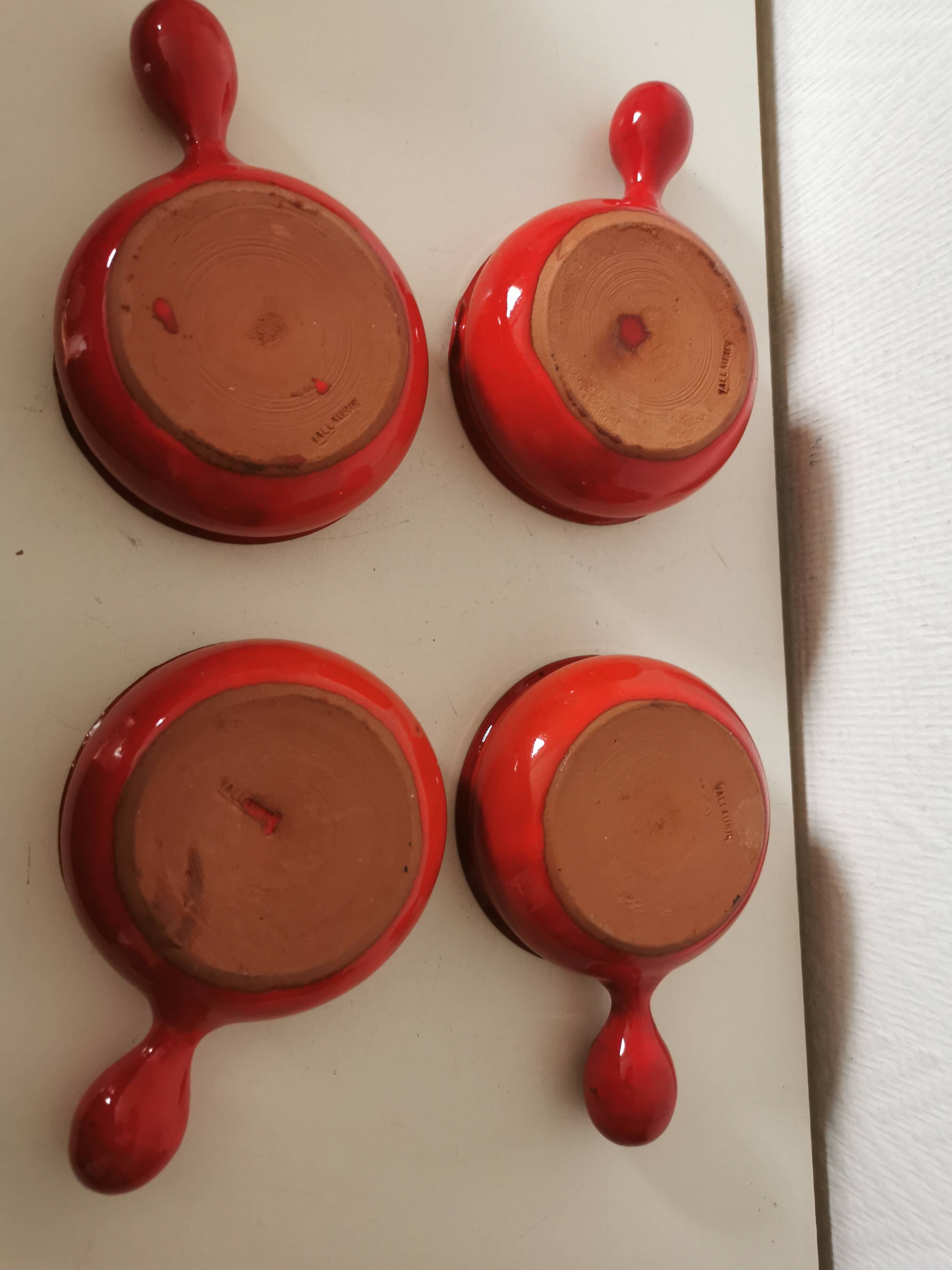 set of 4 red enamelled terracotta casseroles