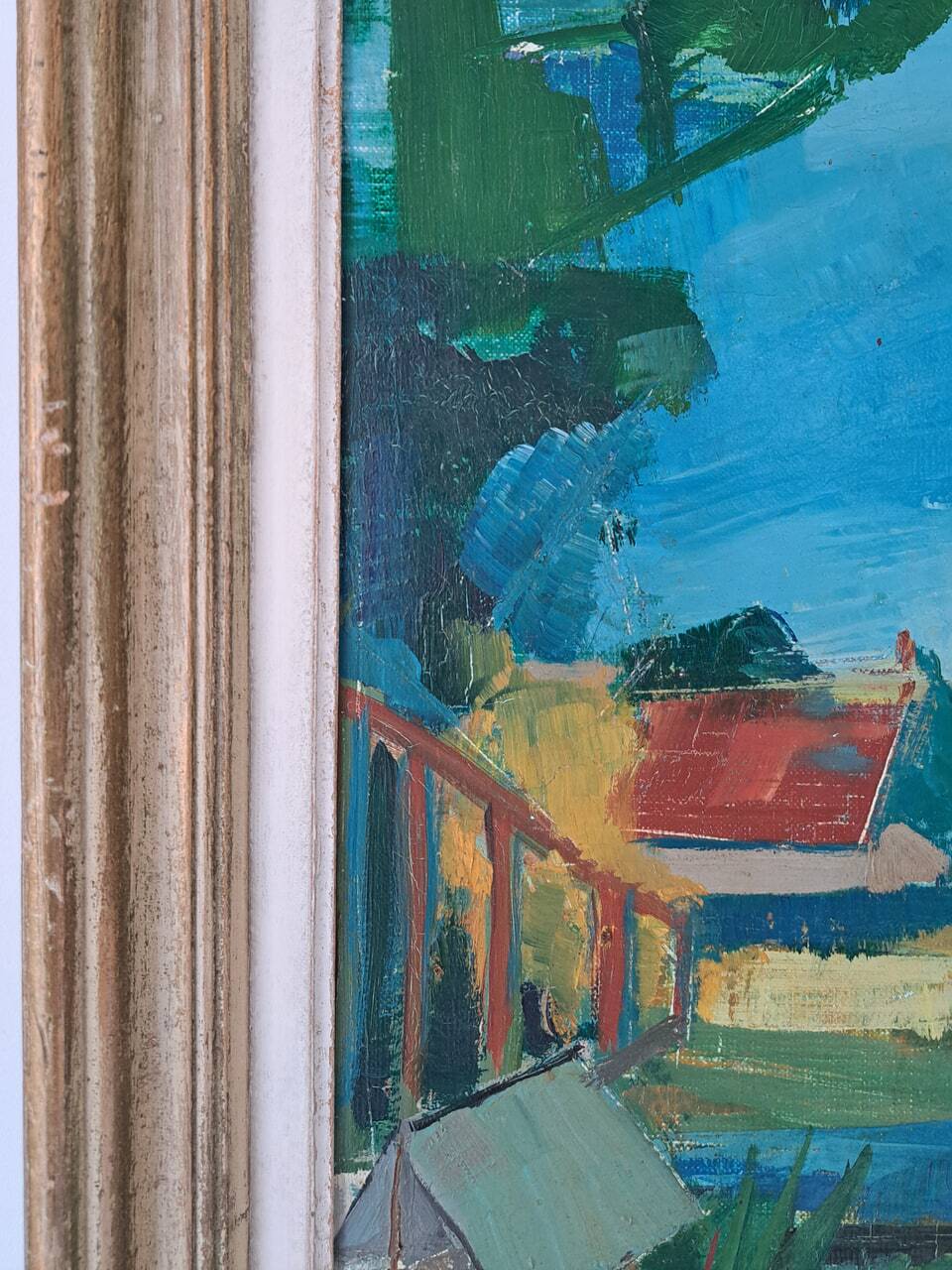 Oil painting on canvas signed Besacier — colourful village landscape