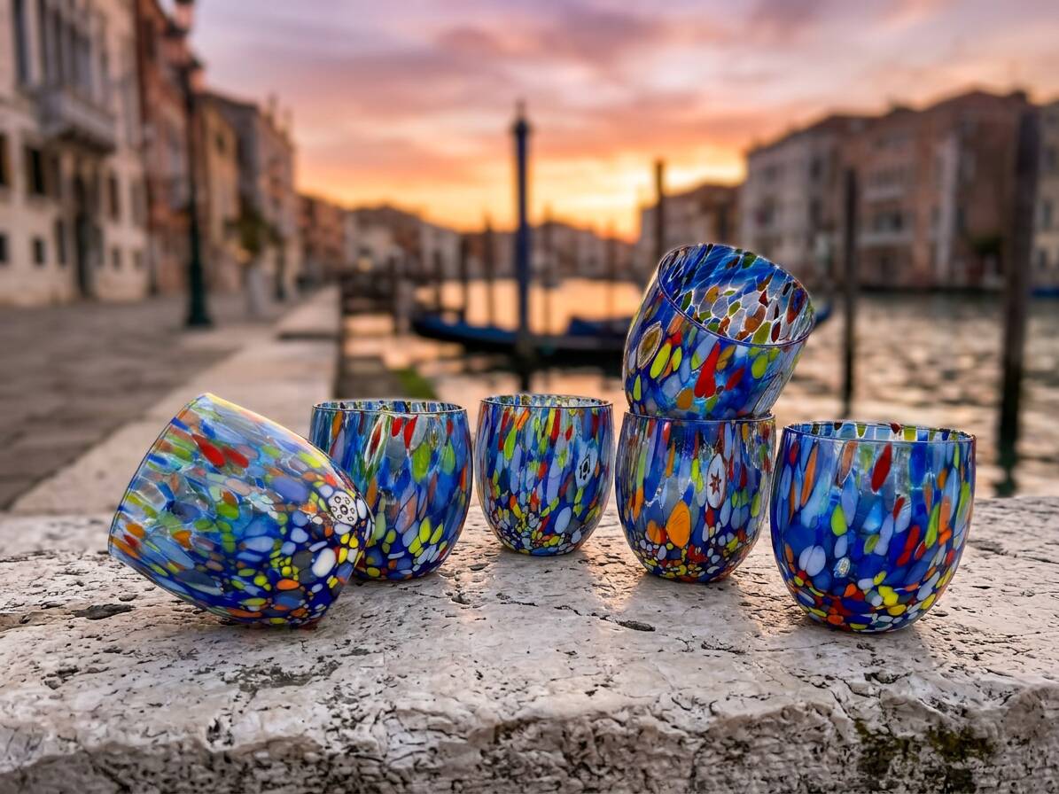 Set of 6 blown glass glasses with Murano murrine.