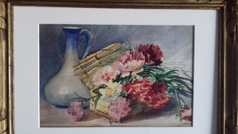 Ancient watercolor with flower basket and pitcher