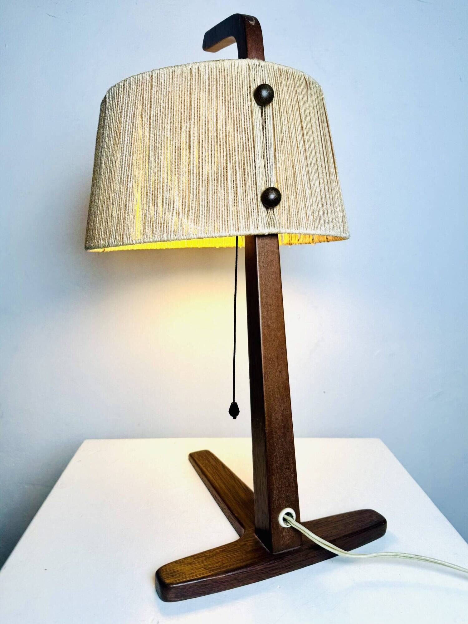 Hemp String & Teak Wood Table Lamp By Ib Fabiansen For Fog & Mørup, Denmark 1950S