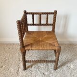 Vintage corner chair in turned oak and straw