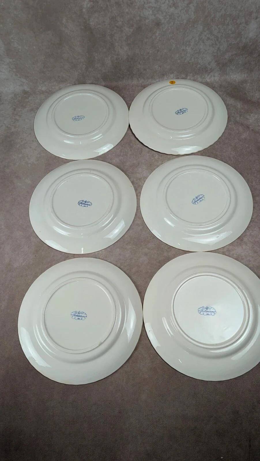 Set of 6 antique flat plates Rotterdam blue windmill design.