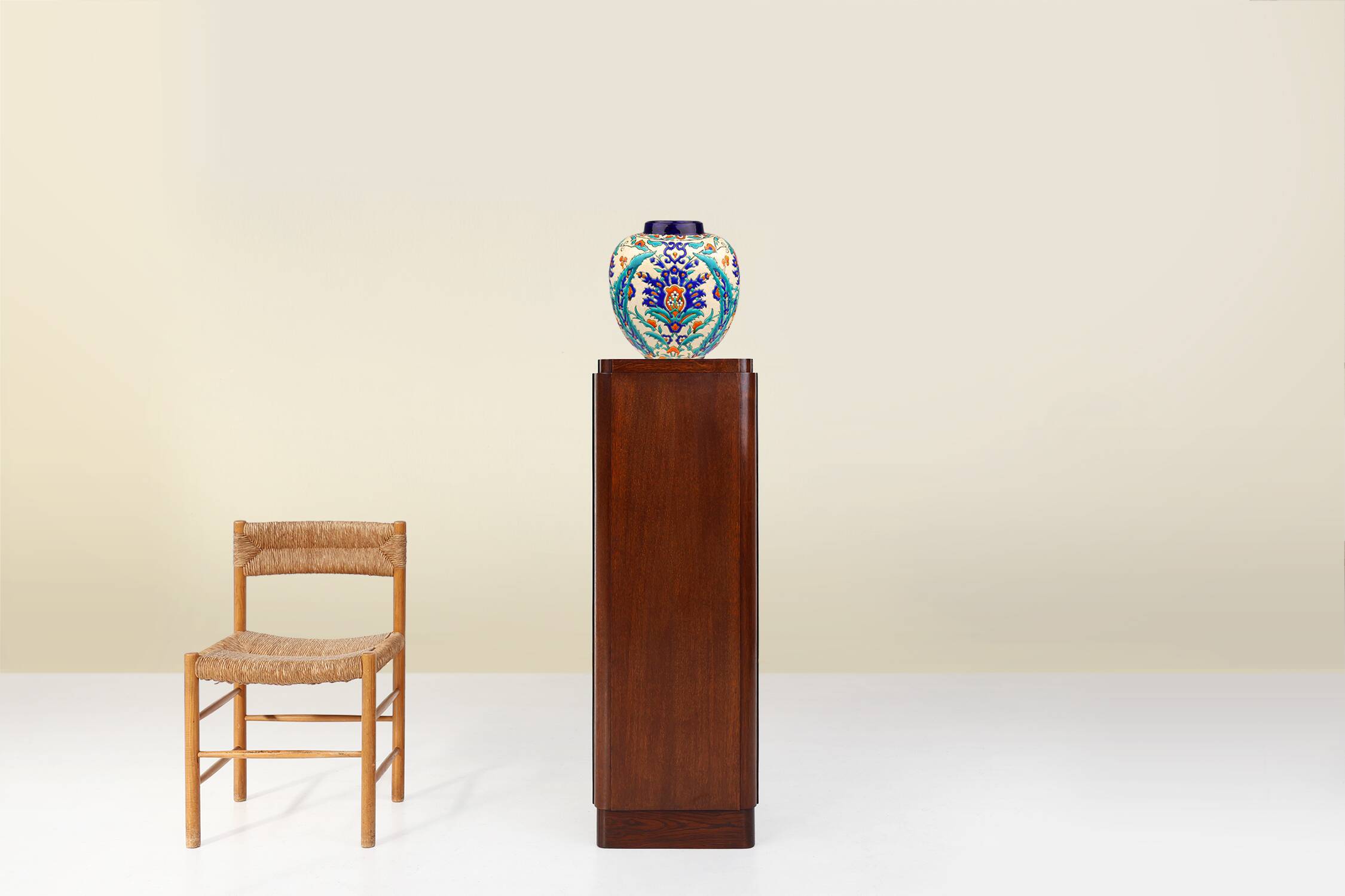 Large Art Deco console or pedestal in dark oak veneer, Belgium, 1920s