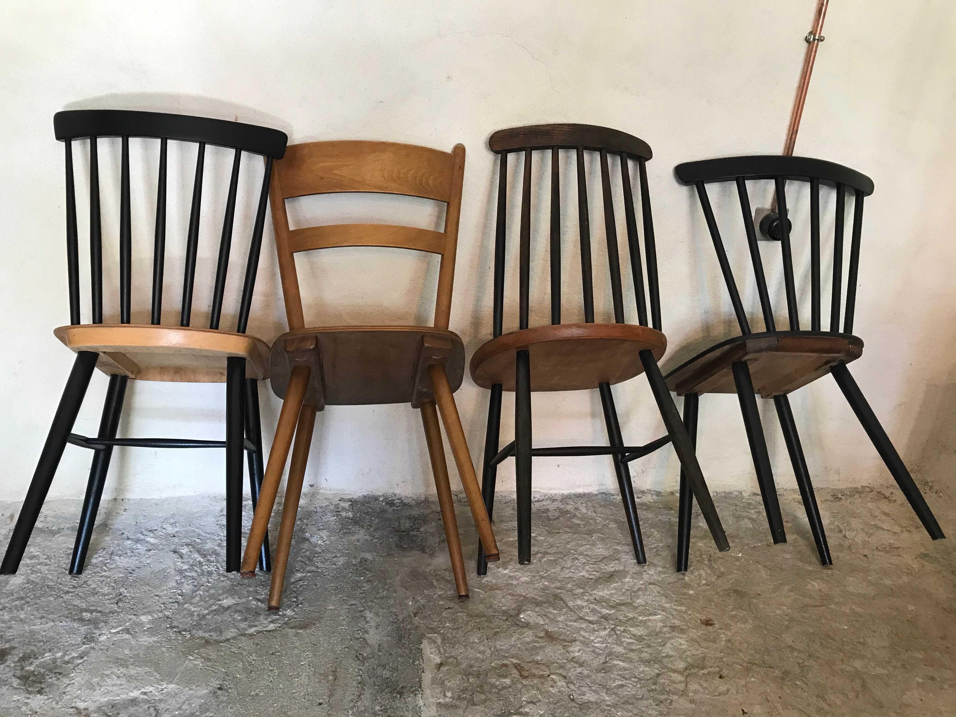 Set of 4 mismatched vintage chairs compass feet