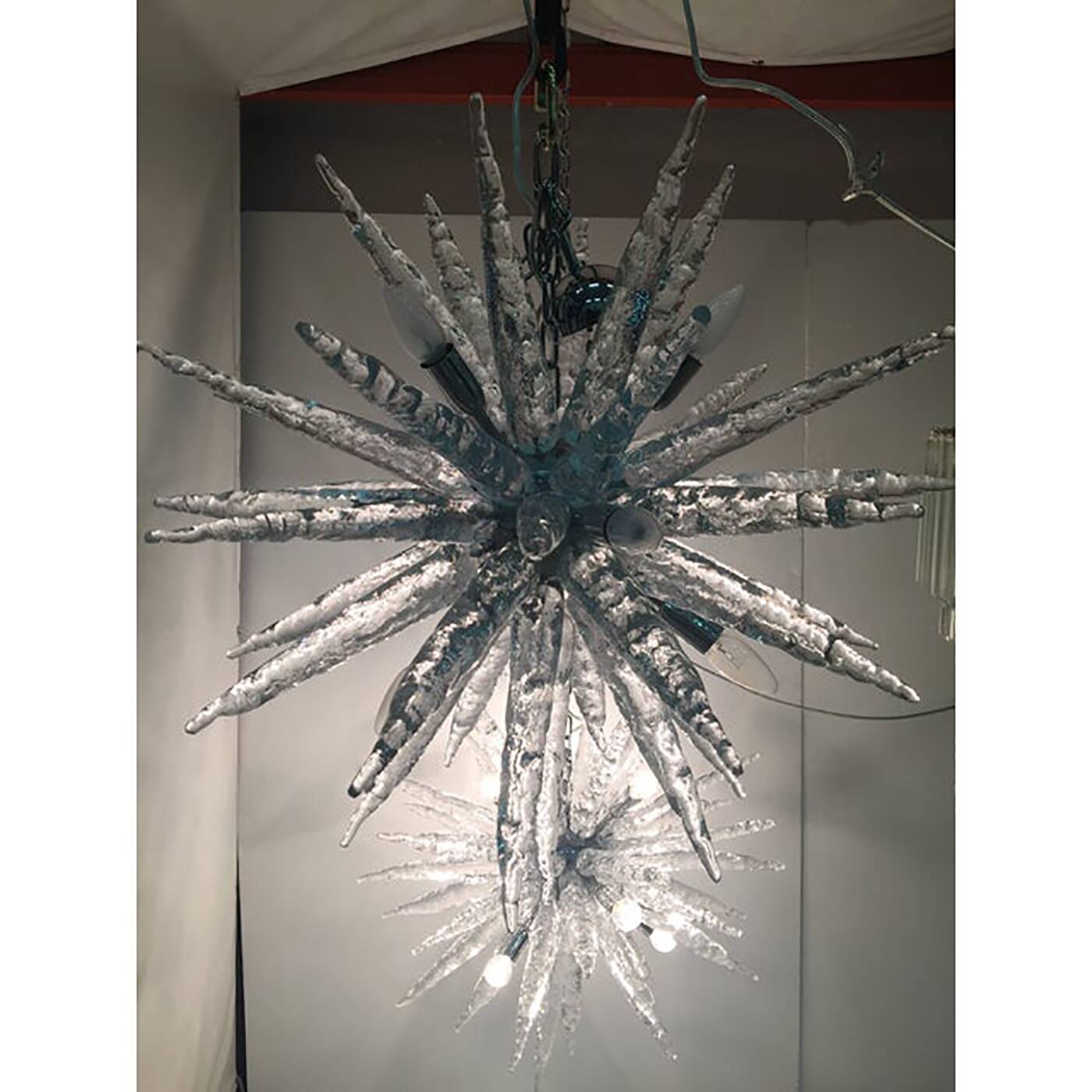 Set of 2 Murano Glass Ice Clear Sputnik Italian Chandelier